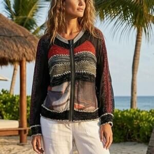 Tricotto Multi Color Mixed Media Boho Zip Top/ Sweater XL